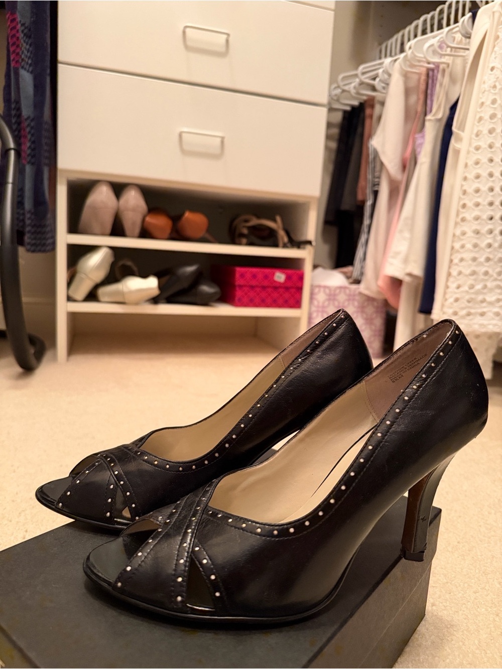Anne Klein Black Studded Peep-Toe Pumps